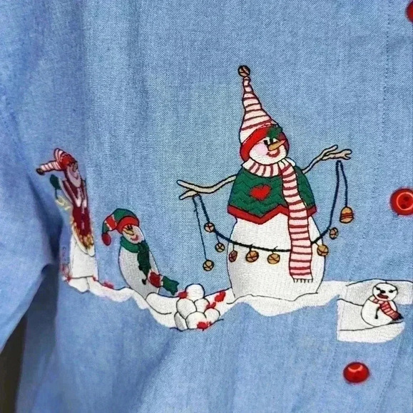 Whitefish Bay Vintage Christmas CMAS Denim Button Down Winter Snowman Size M - Picture 3 of 8